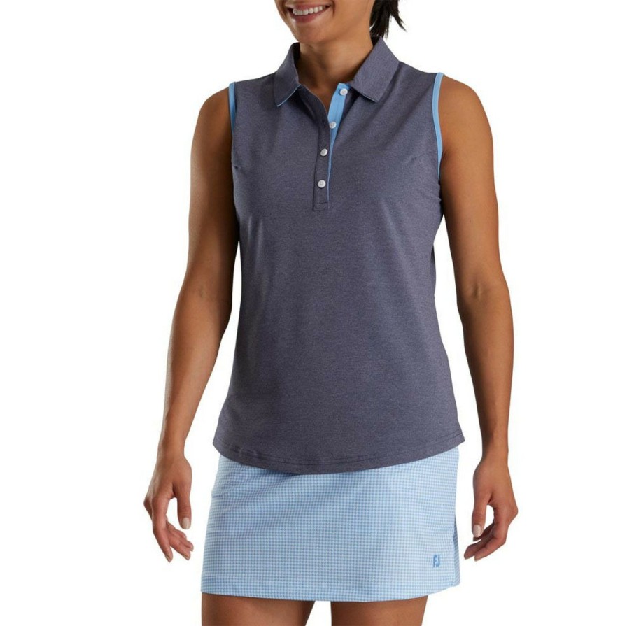 * Footjoy Tendy Style Women'S Pique Houndstooth Trim Sleeveless Polo | Women'S Golf Shirts